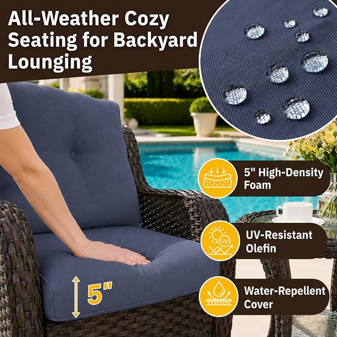 HUMMUH 3-Piece Swivel Rocking Rattan Chair Outdoor, Patio Bistro Furniture Conversation Set with Cover,Cushioned Wicker Chair with Glass Coffee Table(Brown, Blue)