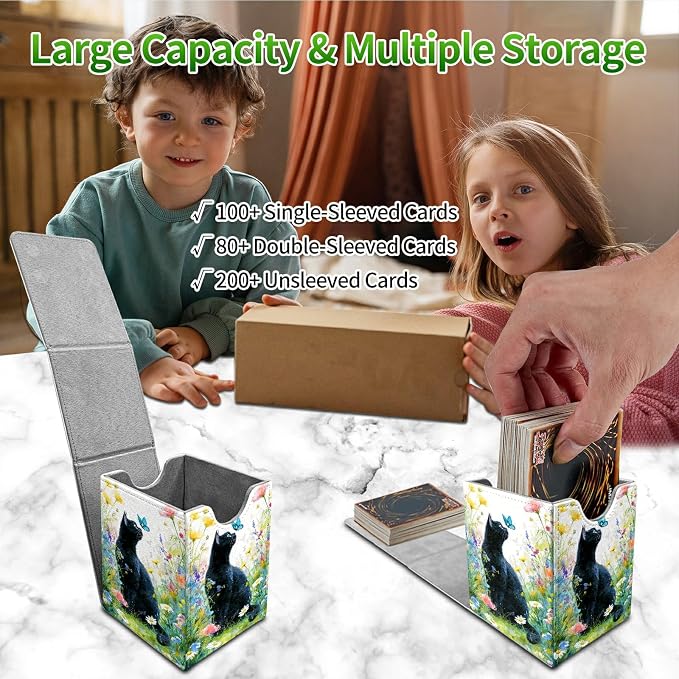 Lawn Black Cat Card Deck Box for MTG, Personalized Card Storage Case Fits 120+ Sleeved Cards, Premium Leather TCG Box with Strong Magnetic Closure for Magic, CCG, PTCG, Baseball Cards