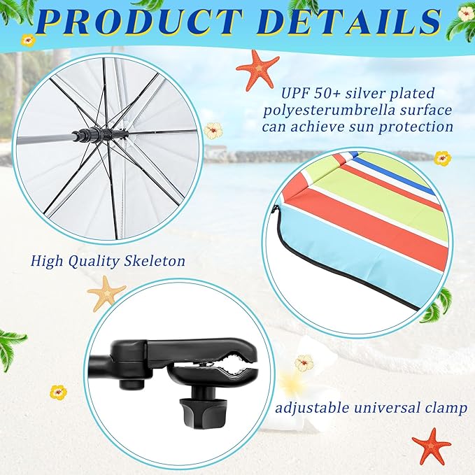 Buryeah 2 Pcs Beach Chair Umbrella Automatic with Universal Adjustable Clamp 44" UPF 50+ Portable Clamp on Beach Chair for Wheelchair Patio Golf Carts Camping