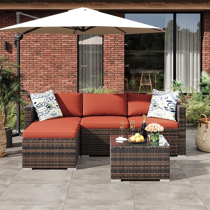 5-Piece Outdoor Sectional Sofa Set, All-Weather PE Rattan Patio Furniture with Ottoman & Tempered Glass Table, Convertible Garden Couch for Backyard, Porch, Poolside (Brown/Wine Red)