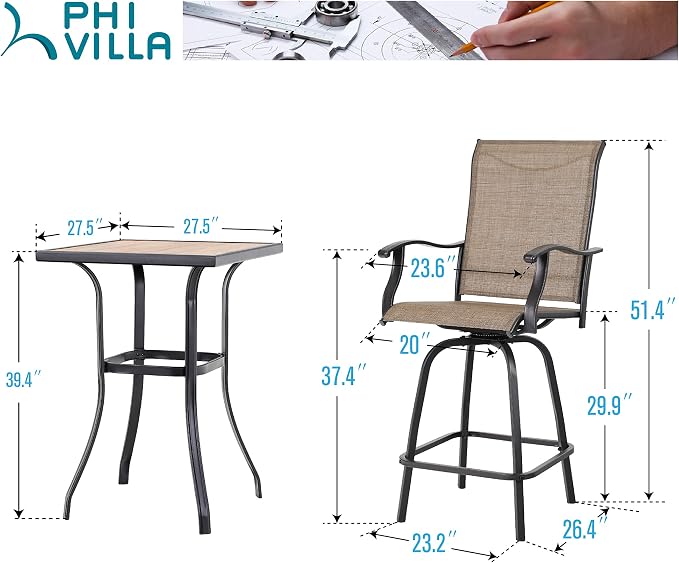 PHI VILLA 3 PCS Patio Swivel Bar Set Outdoor Furniture Bar Height Bistro Set, 2 Bar Stools and 1 Table, High Top Table and Chairs Set of 2 for Garden Porch Backyard