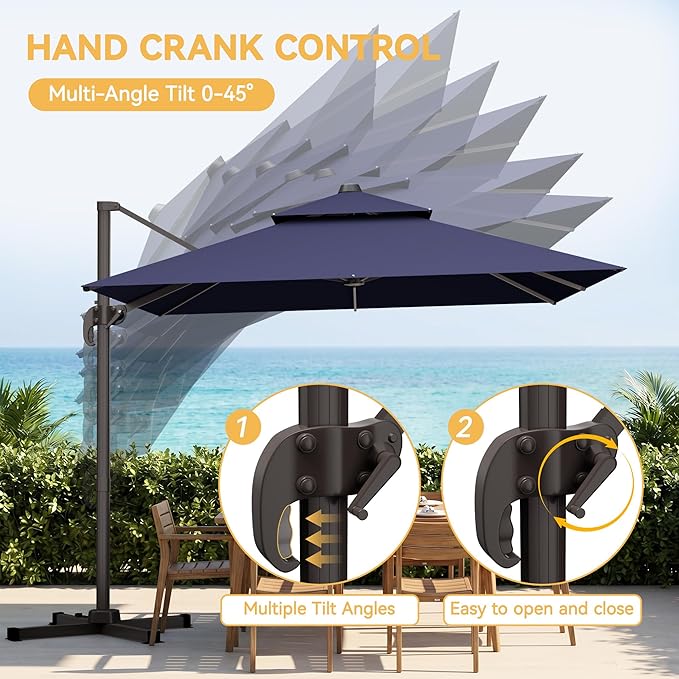10x10 FT Patio Cantilever Umbrella (Base Not Included) (Base Not Included), Rectangular Heavy Duty Offset Umbrella for 6-8 People, 360°Rotation & Mult Tilt, Double Top Design, for Pool Garden Deck (Navy)