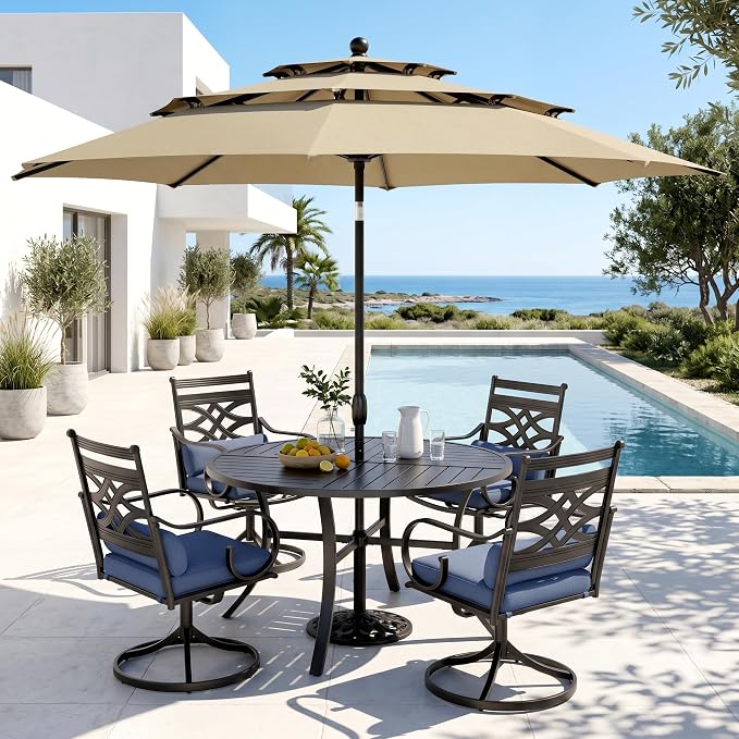 PHI VILLA Outdoor Dining Set with Umbrella for 4, 42" Metal Round Table & Wrought Iron Swivel Chairs, Patio Furniture with Blue Cushions & Pillows for Deck, Porch