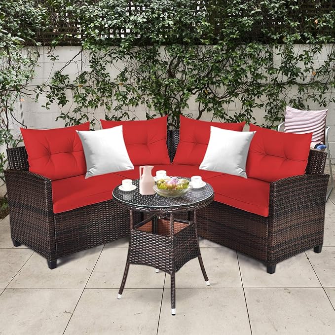 Tangkula 4-Piece C Shape Patio Furniture Set, Outdoor Corner Wicker Rattan Sectional Cushioned Sofa Set, with Glass Coffee Table, for Garden Poolside Balcony (Red)