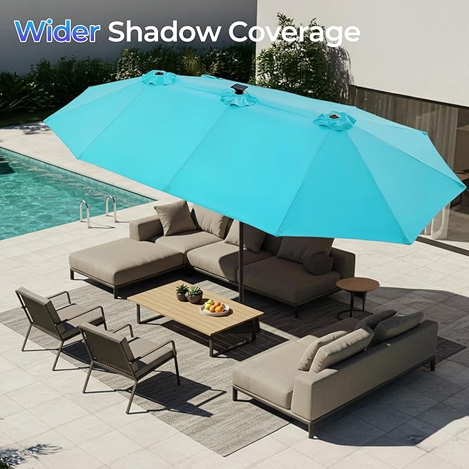 SUPERJARE 13ft Outdoor Patio Umbrella with Solar Lights, Double-sided Deck Pool Umbrella with 1.5 Inch Pole, Fade Resistant Canopy, 12 Sturdy Ribs, for Porch, Market, Backyard, Light Blue(No Base)
