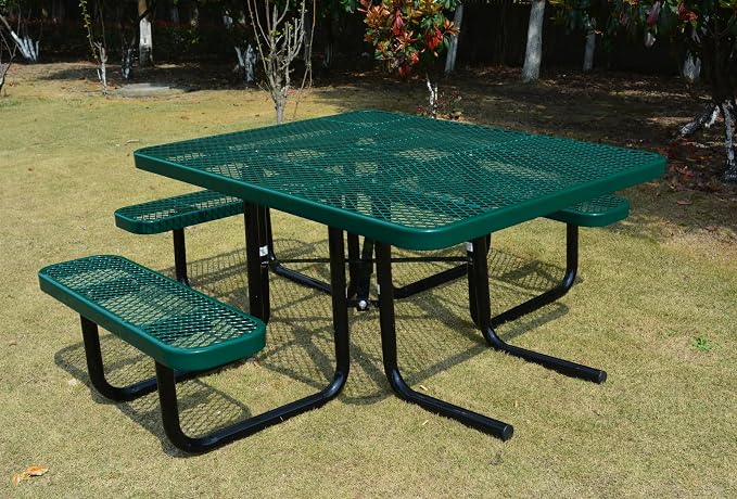 Heavy Duty ADA Outdoor Picnic Table, Expanded Metal, Wheelchair Accessible (Green, 46 Square)
