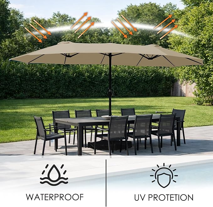 Kozyard 15 FT Double-Sided Rectangular Patio Umbrella, Base Included, Crank Lift Outdoor Patio Umbrella with UV Protection for Backyard, Pool & Garden Beige