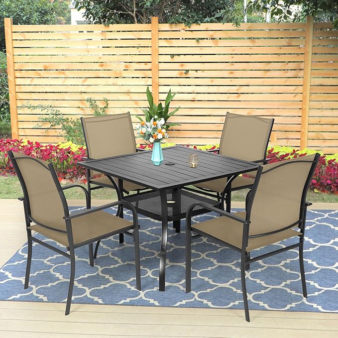 5-Piece Patio Dining Set,4 Person Outdoor Table and Chairs Set, 4 Metal Dining Chairs and Square Outdoor Table with 1.57" Umbrella Hole,Khaki