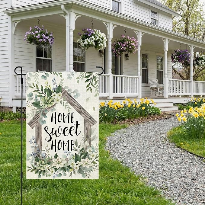 CROWNED BEAUTY Spring Home Sweet Home Garden Flag Eucalyptus Welcome 12x18 Inch Double Sided Small Floral Seasonal Holiday Decoration for Outdoor Lawn Yard