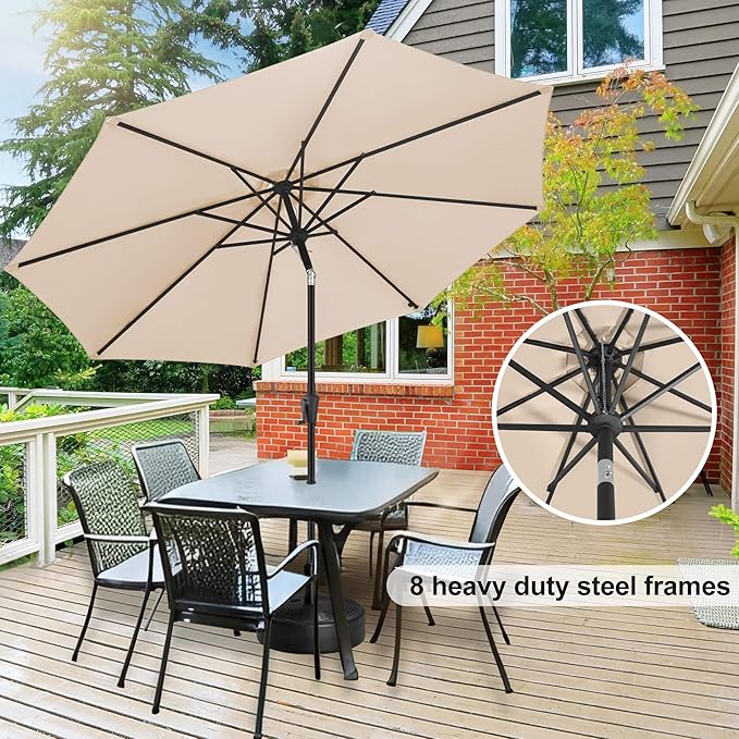FLAME&SHADE 11 ft Patio Umbrella - Table Umbrella Outdoor with Push Button Tilt and Crank, UV Protection, 8 Sturdy Ribs, Market Umbrella for Garden, Deck, Backyard, Lawn, Pool and Beach(Beige)