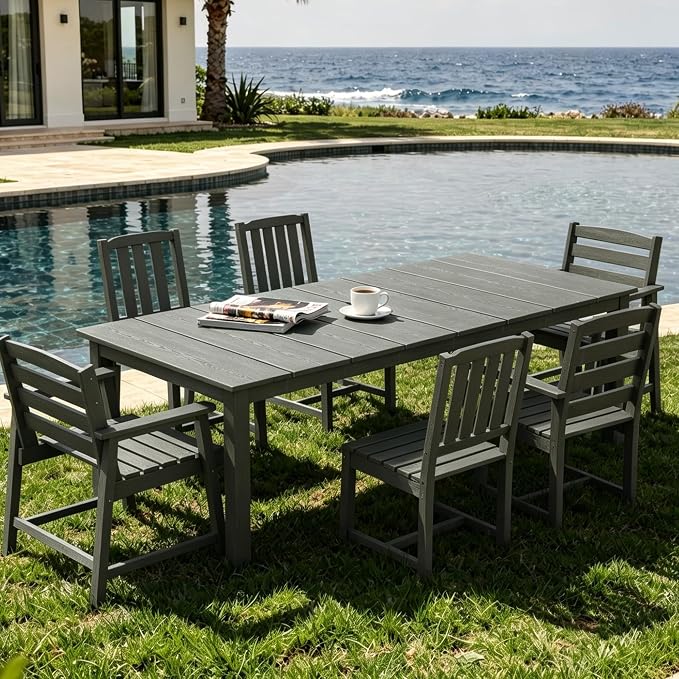 AreShark 7-Piece Outdoor Dining Set,HDPE Patio Table with 6 Chairs,All-Weather Patio Furniture Set with Umbrella Hole,Low Maintenance Wood Grain Dining Set for Backyard,Garden,Poolside,Gray