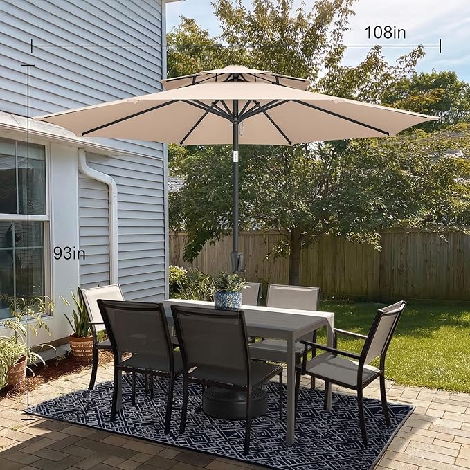9FT Outdoor Patio Umbrella - 2 Tiers Table Umbrella Waterproof UV Protection, Sombrillas de Patio with Push Button Tilt, Sun Umbrella for Pool, Porch, Garden, Backyard (Beige)