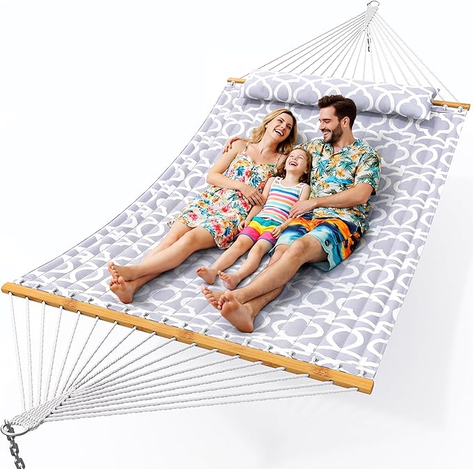 Double Hammock with Spreader Bar,Soft Pillow,Max Load 500lbs,Portable Hammock for Outdoor,Camping,and Backyard,Mist Gray
