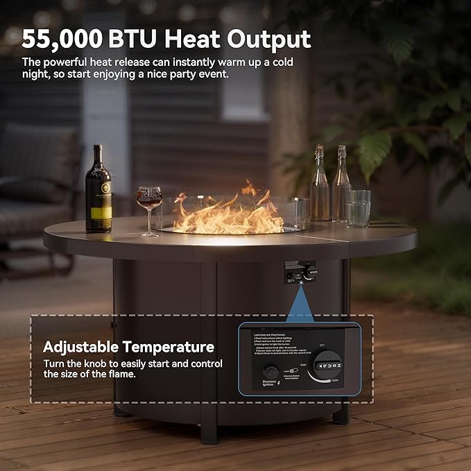 Kullavik 5 Piece Metal Outdoor Patio Furniture Set with Fire Pit Table,Outdoor Dining Table Set with 4 Swivel Chairs and 55000 BTU Outdoor Round Fire Pit,Sand