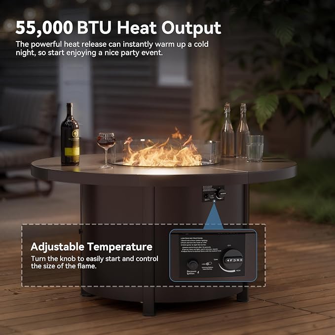 Kullavik 5 Piece Metal Outdoor Patio Furniture Set with Fire Pit Table,Outdoor Dining Table Set with 4 Swivel Chairs and 55000 BTU Outdoor Round Fire Pit,Sand
