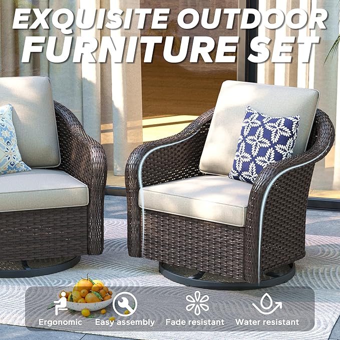4 PCS Patio Conversation Set | 78" Couch, 2 Swivel Chairs, 1 Side Table， Outdoor Wicker Conversation Furniture with Removable Cushions for Bistro, Deck, Sunroom(Beige)