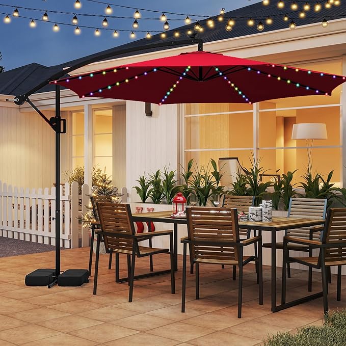 HAPPYGRILL 10 FT Offset Hanging Umbrella with Multi-Colored Flowing LED Lights, 9 Light Modes, Outdoor Patio Cantilever Umbrella with Base, Easy Tilt, 360° Rotation, Crank