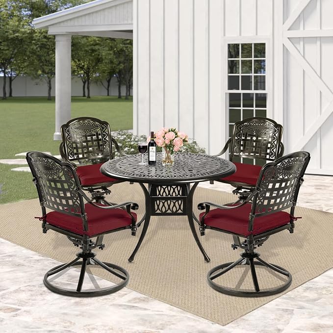 5 Piece Patio Dining Set, Outdoor Table and Chairs Set for 4 Cushioned Swivel Rocking Chairs and 35.4'' Round Table, All-Weather Cast Aluminum Patio Funiture Set, 2'' Umbrella Hole, Red
