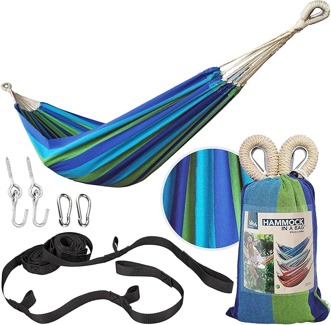 Bliss Hammocks 40" W Single Outdoor Hammock with Universal Multi-Loop Suspension with "S" Hooks, Durable, Cotton/Polyester, 220 Lbs Capacity, Seabreeze