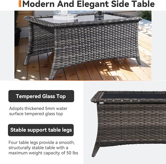 Outdoor Coffee Table - Patio Rattan Wicker Coffee Table with Tempered Glass Top Outdoor Table for Deck Porch Balcony Garden - Grey