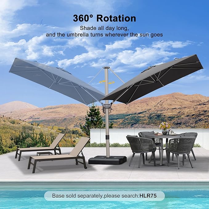 PURPLE LEAF 8’ X 8‘ Patio Umbrella Outdoor Cantilever Umbrella, Aluminum Offset Umbrella with Champagne Frame and 360° Rotation for Pool Deck Garden, Grey