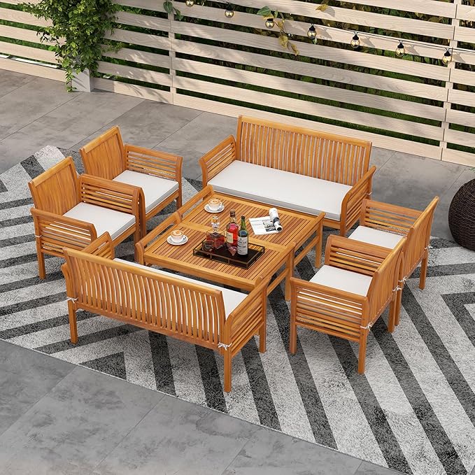 HAPPYGRILL 8 Pieces Acacia Wood Patio Conversation Set, Outdoor Wood Furniture Set with Seat Cushions, Wicker Sofa Chairs & Coffee Table for Garden Poolside Deck (2)