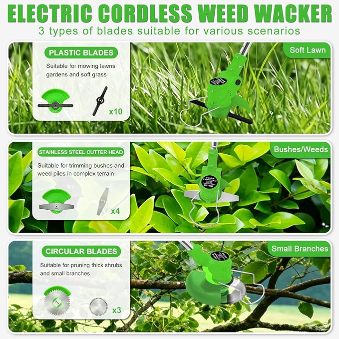 Electric Weed Wacker 21V Brush Cutters Battery Powered 3 in 1 Lightweight Weed Wacker Eater with Blade Adjustable Pole Cordless Grass Trimmer with 2 * 2.0Ah Batteries and Charger for Garden Yard Green