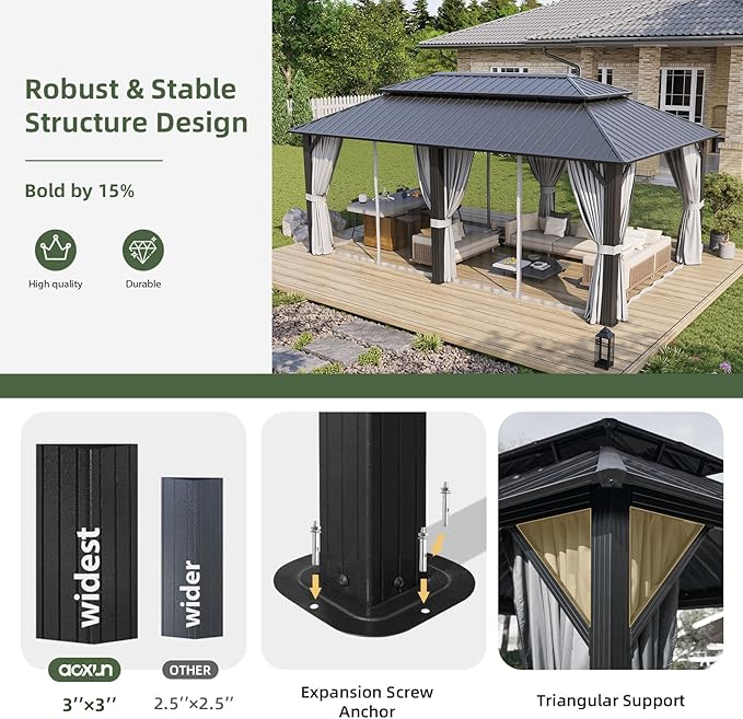 Aoxun 12’x20’ Hardtop Gazebo, Permanent Metal Pavilion with Galvanized Steel Double Roof, Outdoor Pregola with Nettings and Curtains for Lawn, Garden, Patio (Brown)