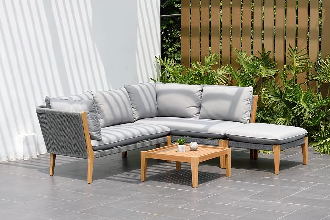 Urban Elements Famiglia 5-Piece Wood Outdoor Sectional | Teak Finish 100% FSC Eucalyptus | Backyard Sectional Furniture, Patio Conversation Sets, Outdoor Seating Set, Grey