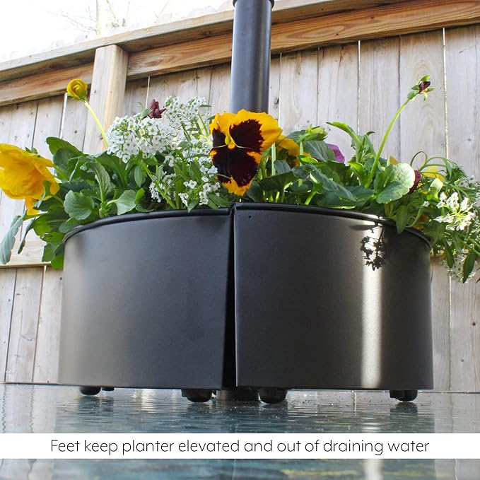 AuldHome Design Umbrella Planter for Patio Table w/Umbrella Hole (Black), Enamelware Half-Circle Planter Pots
