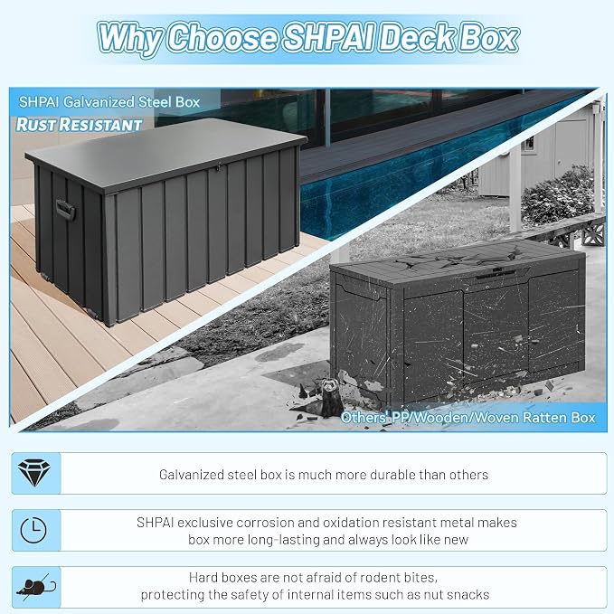 Metal Deck Box, 200Gallon Outdoor Storage Box Waterproof, Large Patio Furniture Storage Cabinet, Lockable Storage Chest for Porch, Pillows, Cushions, Pool, Tools, Backyard -Grey