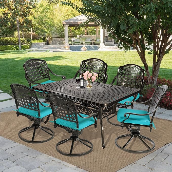 MEETWARM 7-Piece Outdoor Patio Dining Set, All-Weather Cast Aluminum Patio Conversation Set with 6 Cushioned Swivel Rocker Chairs for Backyard Garden Deck, 1 Rectangular Table, Ocean Blue