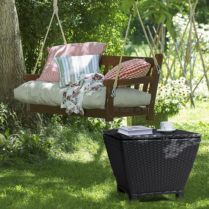 Outdoor PE Wicker Side Table with Storage, 13 Gallon Patio Storage Bin Container with Air Spring Lid, All-Weather Handwoven Rattan Coffee Table for Deck, Poolside & Garden, Black
