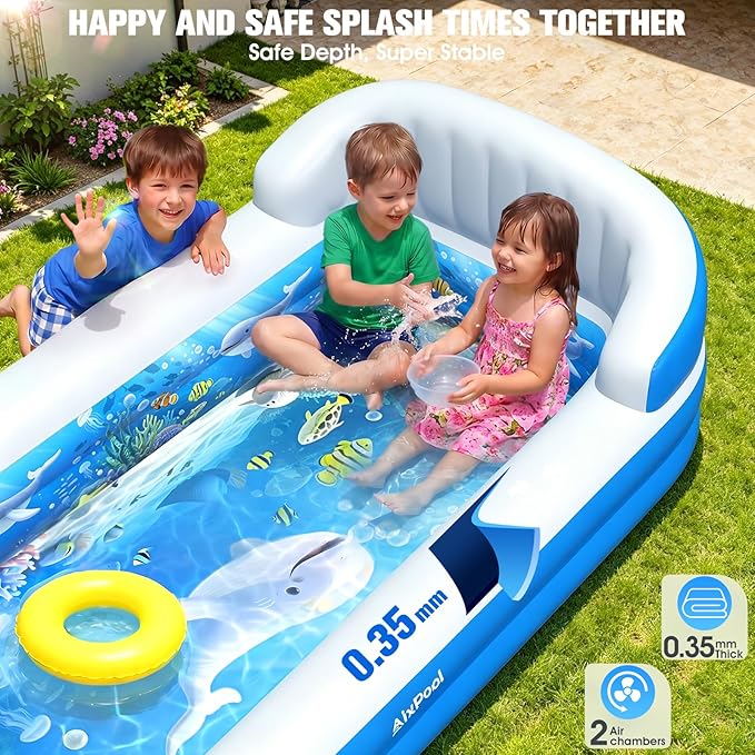 2026 Inflatable Pool with Sprinkler,Durable Blow up Pool with Big Backrest, Rectangle Kid Pool Backyard,Children Swimming Pool,Small Inflatable Kiddie Pool,Outdoor Water Pool for Kid68×38×22IN