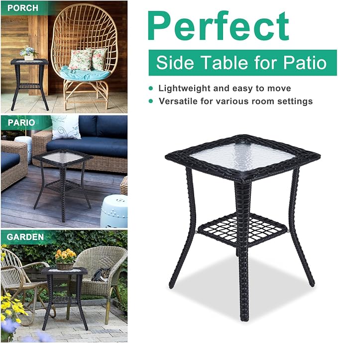 Wicker Rattan Side Table Patio Wicker Table, Outdoor Square Rattan Coffee Table End Table with Tempered Glass Top and Storage for Patio Porch Lawn (Black)