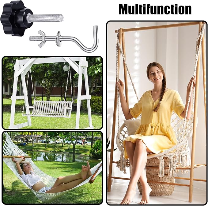 Therwen 8 Pcs Hammock Hardware Kit Heavy Duty Hammock Stand Hook Replacement Thread Hand Knob for Swing Chair Patio Umbrella Base Garden(Silver)