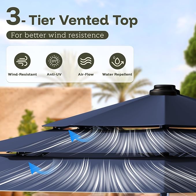 GDPFN 10FT Patio Table Umbrella Outdoor, 3 Tier Tilting Vented Windproof Market Umbrella for Outside, Outdoor Sun Shade for Inside of Pool, Deck, Backyard, Garden, Navy Blue (No Base)