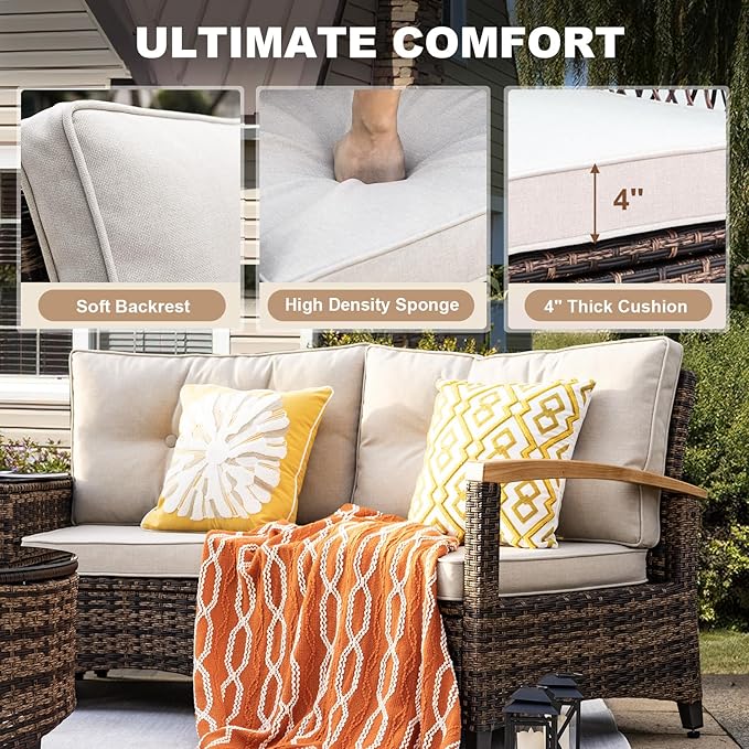 MEISSALIVVE 8 Piece Outdoor Patio Furniture Set, Half-Moon Curved Sectional Set with Wood Armrests, Patio Conversation Set for Porch,Deck,Balcony (Beige)