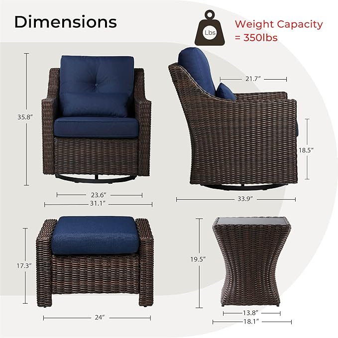 CHITA 5 Pieces Swivel Wicker Patio Furniture Set, Outdoor Conversation Set with 2 Pieces Rattan Rocking Swivel Chairs, 2 Pieces Ottomans, Thickened Cushions and Side Table