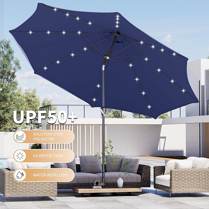 Kingdura 9FT Outdoor Patio Umbrella with Solar Lights, Market Table Umbrella with Push Button Tilt & Crank, 8 Sturdy Ribs, 32 LED Lights, UV Protection for Garden Lawn Deck Backyard Pool (Navy blue)