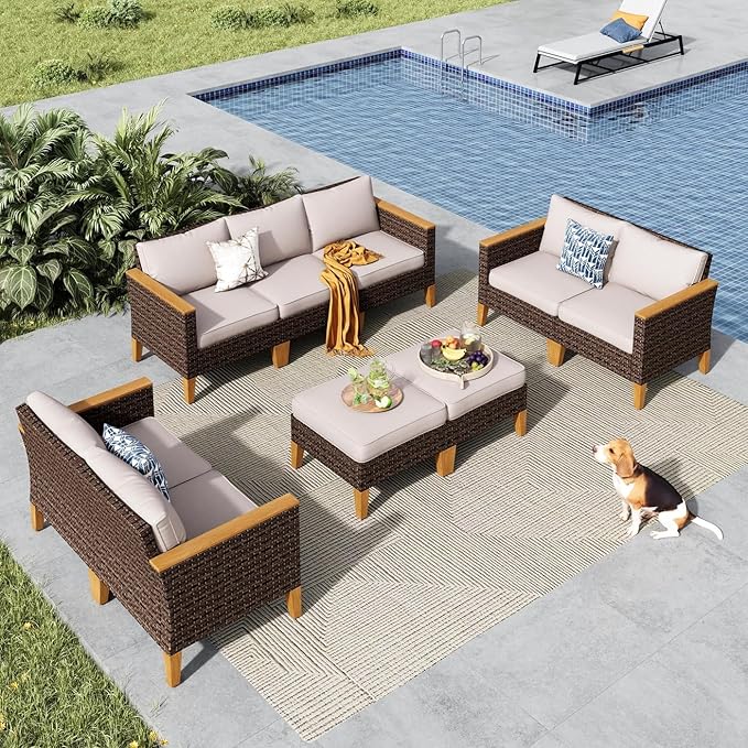 MFSTUDIO 9 Piece Wicker Patio Furniture Set, 2 x Loveseat Sofa, 2 x Ottoman, 3-Seat Sofa, All-Weather Outdoor PE Rattan Patio Conversation Set for Garden, Backyard(Beige Cushions)
