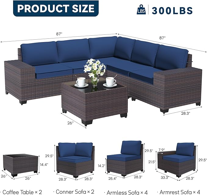 Patio Furniture Set 12 Pieces Outdoor Sectional Sofa Set,PE Rattan Wicker Patio Conversation Set with Thickened Cushions and Glass Coffee Table,NavyBlue