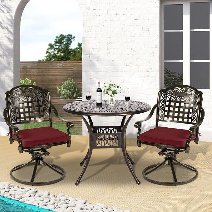 3-Piece Outdoor Patio Dining Set, All-Weather Cast Aluminum Patio Furniture Set for Backyard Garden Deck with 2 Swivel Cushioned Chairs and 35.4” Round Table, 2" Umbrella Hole, Chili Red