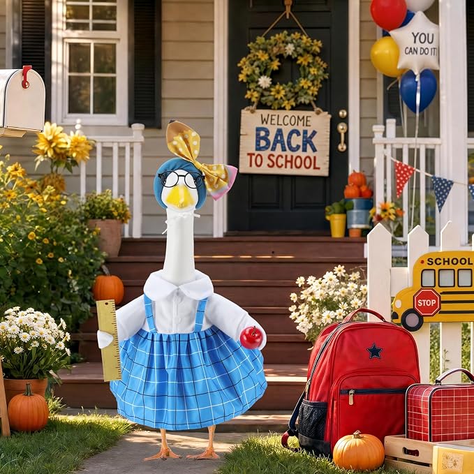 Back to School Porch Goose Outfits for 23 Inch Statue, Teacher Costume for Cement Statue, Duck Sculpture Clothes for Classroom Patio Decoration