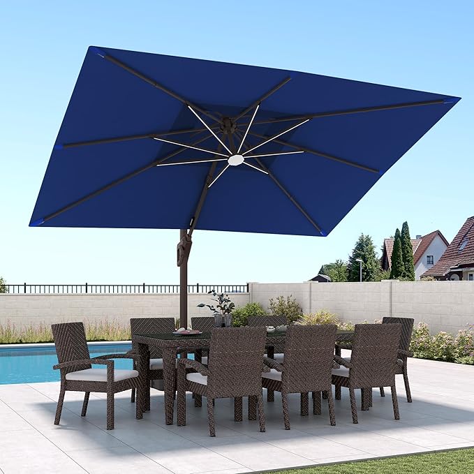 9 X 12 FT Cantilever Patio Umbrella with Led Lights and Base Included Outdoor Heavy Duty Double Top Rectangle Offset Umbrellas with 360-degree Rotation for Pool Deck Backyard, Navy
