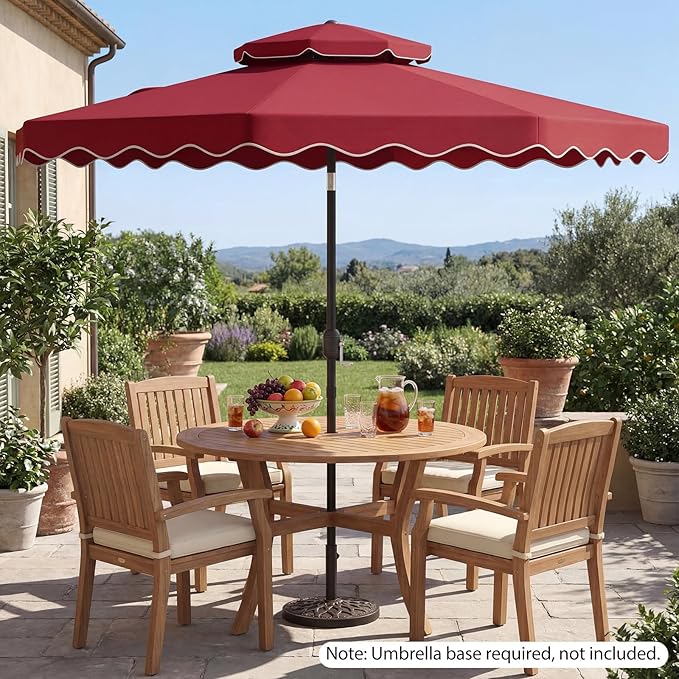 Happygrill 9 FT Patio Umbrella, Scalloped Outdoor Table Market Umbrella with Push Button Tilt & Crank, 2-Tier Vented Top, Heavy-Duty 8 Metal Ribs, Sun-Protective Canopy, Ruffle for Deck Pool Garden (Red)