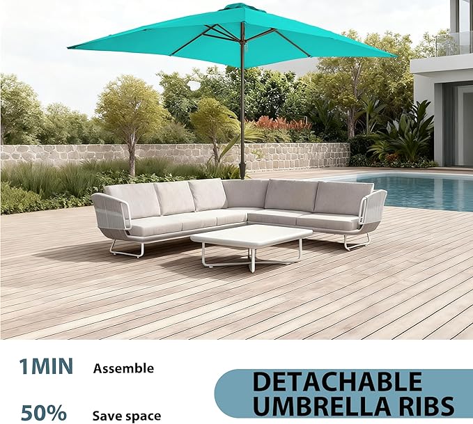 8x10FT Rectangular Patio Umbrella with Crank Lift for Garden,UV Protection Outdoor Umbrella for Deck,Pool and Yard,Turquoise