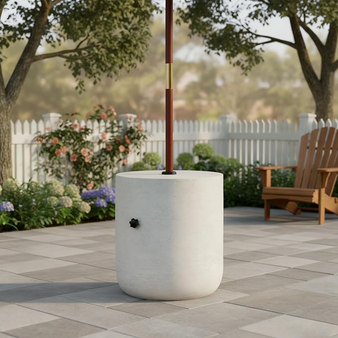 Concrete Umbrella Base with Side Table, 88 lb Sand-Fill Patio Umbrella Stand, Industrial Style Gray White Finish, Fits 32–48mm Poles, Sturdy Outdoor Umbrella Holder for Patio, Poolside, Balcony