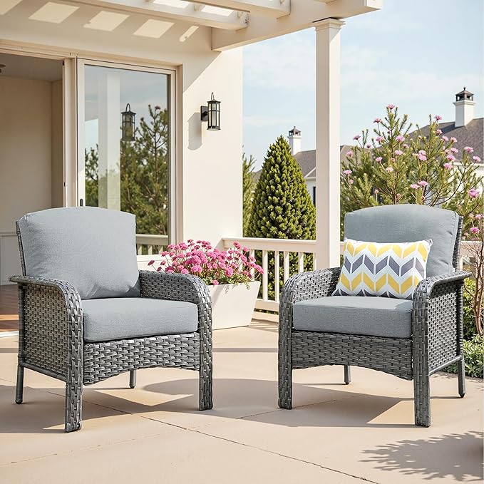 2 PCS Outdoor Patio Furniture Set with Thickened Cushions, All-Weather Rattan Wicker Outdoor Conversation Set for Porch,Backyard,Balcony,Dark Grey