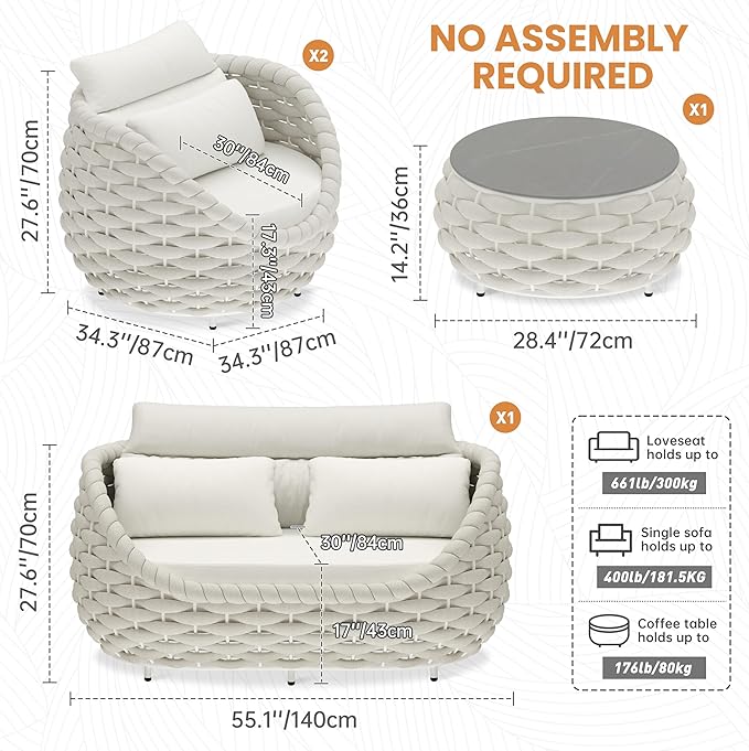 Metal Backyard Furniture Set: Aluminum Assembled Front Porch 4 Pieces Outdoor Set - Woven Rope Patio Conversation Set Modern - Cushioned Deck Couch Set Garden Sunroom Pool Hotel Resort, Beige